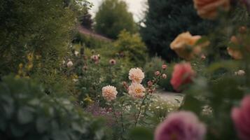 génératif ai, magnifique été privé jardin avec beaucoup fleurs et végétaux, la nature paysage, Anglais campagne chalet style photo