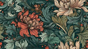 génératif ai, floral coloré modèle. William morris inspiré Naturel les plantes et fleurs arrière-plan, ancien illustration. feuillage ornement. photo