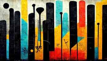génératif ai, rue art avec clés et musical instruments silhouettes. encre coloré graffiti art sur une texturé papier ancien arrière-plan, inspiré par banky photo
