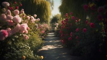 génératif ai, magnifique été privé jardin avec beaucoup fleurs et végétaux, la nature paysage, Anglais campagne chalet style photo