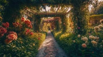 génératif ai, magnifique été privé jardin avec beaucoup fleurs et végétaux, la nature paysage, Anglais campagne chalet style photo