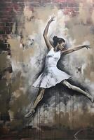 génératif ai, dansant femme ou fille, dynamique mouvement. encre peindre coloré éclaboussures rue graffiti art sur une texturé papier ancien arrière-plan, inspiré par banky. photo