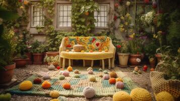 génératif ai, mignonne jardin fabriqué de crocheter, végétaux, des arbres, fleurs. doux couleurs, rêveur scène paysage fabriqué de crochet matériaux, laine, tissu, fil, couture pour Contexte photo