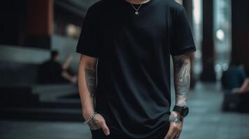 génératif ai, réaliste noir T-shirt moquer en haut Vide mettre sur Jeune homme, fond pour présentation publicité. Vide affaires concept photo