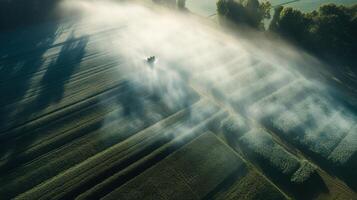 génératif ai, ferme agriculture arrosé ou pesticides vaporisateur vert des champs. irrigation équipement système, aérien vue photo