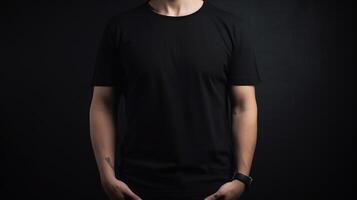 génératif ai, réaliste noir T-shirt moquer en haut Vide mettre sur Jeune homme, fond pour présentation publicité. Vide affaires concept photo