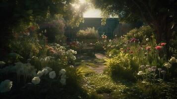 génératif ai, magnifique été privé jardin avec beaucoup fleurs et végétaux, la nature paysage, Anglais campagne chalet style photo