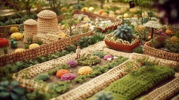 génératif ai, mignonne jardin fabriqué de crocheter, végétaux, des arbres, fleurs. doux couleurs, rêveur scène paysage fabriqué de crochet matériaux, laine, tissu, fil, couture pour Contexte photo