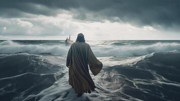 Jésus des promenades sur l'eau plus de le mer vers une motomarine intérieurs les pièces le centre de une tempête. biblique matière concept. ai généré photo