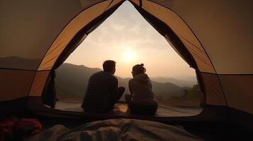 homme et abondant Dame couple apprécier dans elles ou ils tente à elles ou ils camping point avec Matin à commencer avec lumière voir. Créatif Ressource, ai généré photo