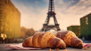 délicieux français des croissants sur nostalgique fondation de Eiffel la tour, Paris. Créatif Ressource, ai généré photo