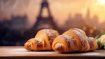 délicieux français des croissants sur nostalgique fondation de Eiffel la tour, Paris. Créatif Ressource, ai généré photo