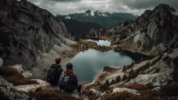 image de une couple de sur meilleur de une Montagne à la recherche à un neige plafonné lac. Créatif Ressource, ai généré photo