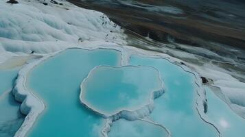 aéroporté battre voir Pamukkale dinde travertin piscines, la nature yards avec bleu l'eau. Créatif Ressource, ai généré photo