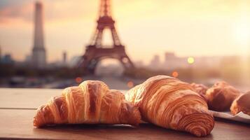 délicieux français des croissants sur nostalgique fondation de Eiffel la tour, Paris. Créatif Ressource, ai généré photo