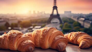 délicieux français des croissants sur nostalgique établissement de Eiffel la tour, Paris. Créatif Ressource, ai généré photo