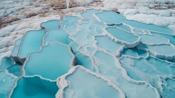 aéroporté battre voir Pamukkale dinde travertin piscines, la nature yards avec bleu l'eau. Créatif Ressource, ai généré photo