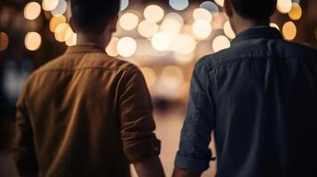 deux gays tenir mains, fermer sur mains, obscurci bokeh fondation. ai généré photo