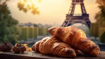 délicieux français des croissants sur nostalgique établissement de Eiffel la tour, Paris. Créatif Ressource, ai généré photo