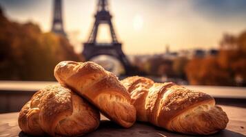 délicieux français des croissants sur nostalgique établissement de Eiffel la tour, Paris. Créatif Ressource, ai généré photo