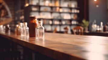 table avec purifier espace pour des choses dans café magasin sur nuage établissement. Créatif Ressource, ai généré photo