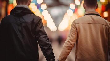 deux gays tenir mains, fermer sur mains, assombri bokeh établissement. ai généré photo