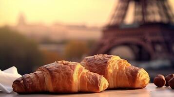 délicieux français des croissants sur nostalgique établissement de Eiffel la tour, Paris. Créatif Ressource, ai généré photo