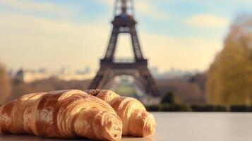 délicieux français des croissants sur nostalgique fondation de Eiffel la tour, Paris. Créatif Ressource, ai généré photo