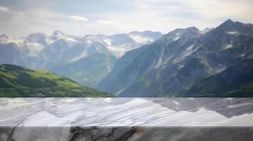 marbre surface table dessus de la table avec Montagne fondation pour chose apparaître montrer. Créatif Ressource, ai généré photo