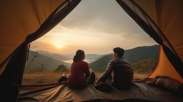 homme et abondant Dame couple apprécier dans elles ou ils tente à elles ou ils camping point avec Matin à commencer avec lumière voir. Créatif Ressource, ai généré photo