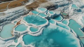 aéroporté battre voir Pamukkale dinde travertin piscines, la nature yards avec bleu l'eau. Créatif Ressource, ai généré photo