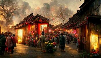 ancien chinois village, chinois Nouveau année, pêche fleur fleurir, multi feu d'artifice dans le ciel, animé marché, flétri des arbres. content Nouveau année concept. produire ai photo