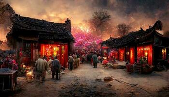 ancien chinois village, chinois Nouveau année, pêche fleur fleurir, multi feu d'artifice dans le ciel, animé marché, flétri des arbres. content Nouveau année concept. produire ai photo