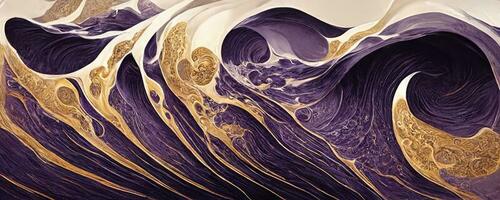 marbre effet Contexte ou texture. spectaculaire abstrait brillant d'or solide liquide vagues. tourbillonnant d'or et violet modèle, brillant d'or couleur, marbre géométrique, ancien. luxe Contexte photo