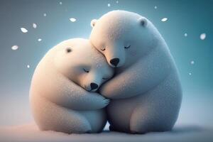 deux mignonne polaire étreinte ensemble dans blanc neige Contexte. mère et bébé polaire ours câlins comme famille dans neige dans l'hiver. génératif ai photo