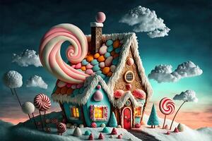 Noël décorations avec coloré pain d'épice rose maison et coloré bonbons sur blanc nuage. hiver vacances Nouveau année et Noël composition. incroyable Fée Noël maison. génératif ai photo