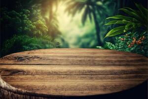 tropical Contexte avec une en bois table sur le premier plan et luxuriant végétation avec beaucoup de copie espace, parfait pour édition avec votre produit. vide prêt pour votre produit afficher. génératif ai photo