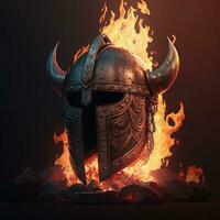 génératif une le fer et cuir viking casque embrasé avec Profond rouge feu, lumière chatoyant. concentrer métal viking guerrier casque avec cornes et runes photo