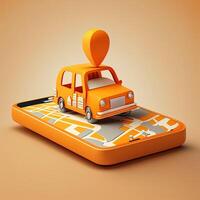 en ligne mobile application Taxi commande un service , Orange Taxi voiture conduite le long de le route à le marqueur sur une intelligent téléphone, sur une ville carte. voiture et Satellite la navigation systèmes concept. génératif ai photo