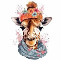 mignonne girafe dans chapeau avec fleur. aquarelle. illustration ai génératif photo