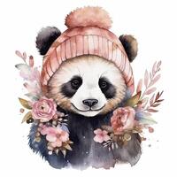 aquarelle Panda dans chapeau avec fleurs. illustration ai génératif photo