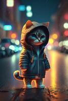 jouet mignonne chat dans vêtements veste et baskets sur rue Contexte avec néon éclairage, génératif ai photo