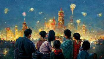 asiatique famille en train de regarder feu d'artifice et célébrer ensemble. content Nouveau année par peinture. photo
