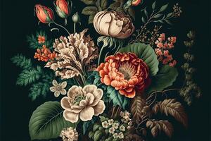génératif ai magnifique fantaisie ancien fond d'écran botanique fleur bouquet, millésime motif pour floral imprimer. photo