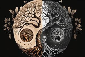 ying Yang concept de équilibre yggdrasil arbre de la vie norrois mythologie. équilibre concept. génératif ai photo