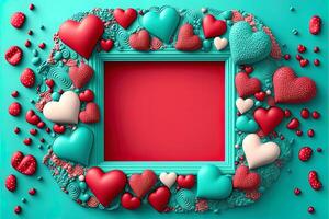 Valentin Cadre et bannière. rouge, bleu, cyan, rose décoration. plat poser, romantique. l'amour et Valentin journée concept. génératif ai photo