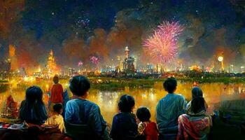 asiatique famille en train de regarder feu d'artifice et célébrer ensemble. content Nouveau année par peinture. photo