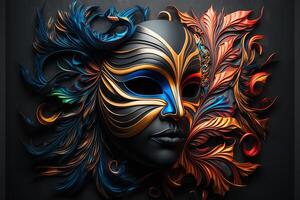 de fête carnaval masque avec riches décoration, les attributs de le brésilien carnaval. vénitien carnaval masque et perles décoration. mardi gras Contexte. génératif ai photo