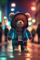 jouet mignonne ours dans vêtements veste et baskets sur rue Contexte avec néon éclairage, génératif ai photo