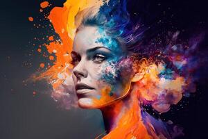 magnifique fantaisie abstrait portrait de une magnifique femme double exposition avec une coloré numérique peindre éclaboussure ou espace nébuleuse, génératif ai photo